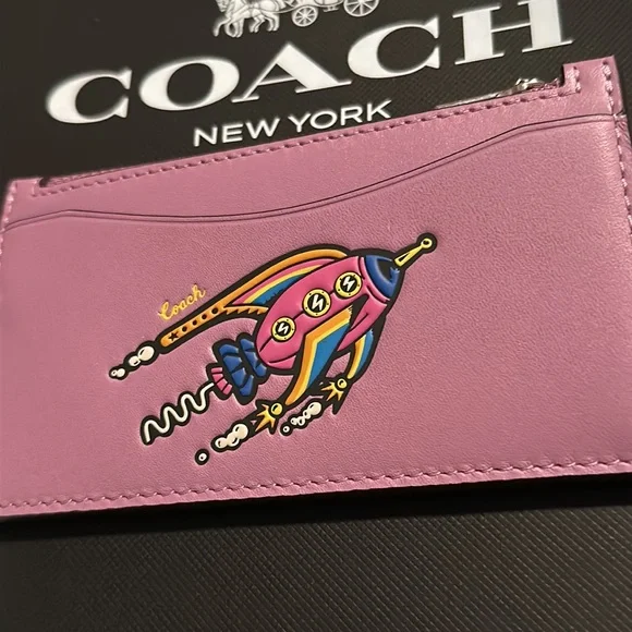 NWT Coach Cosmic Coach Zip Card Case Rocket Motif Leather Wallet Purple co246 - Picture 2 of 7